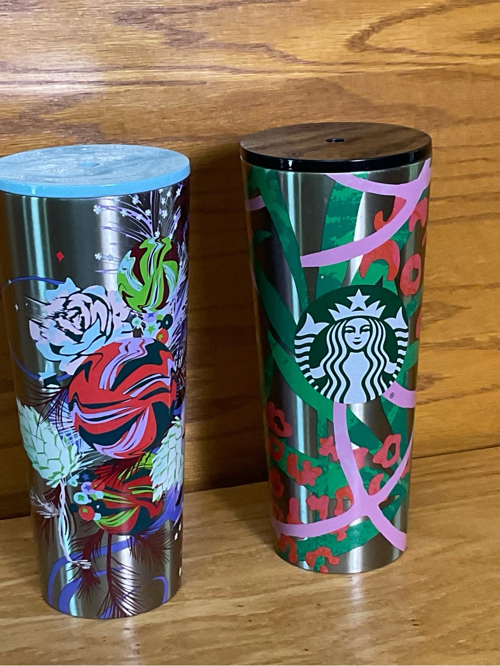 Starbucks Set 2 Venti Metal Tumblers Holiday + Pink Leopard 24 oz Insulated Cups